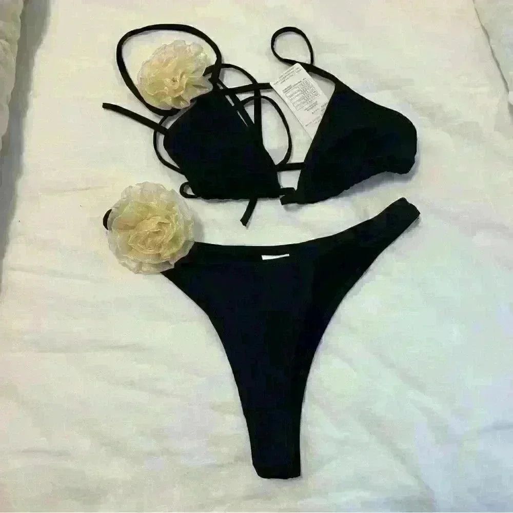 Rosette Black Triangle Top Bikini Set